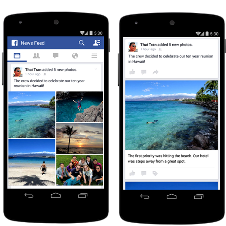 Funcţie preview şi opţiuni pentru rearanjarea colajelor de imagini în aplicaţia Facebook pentru dispozitive mobile