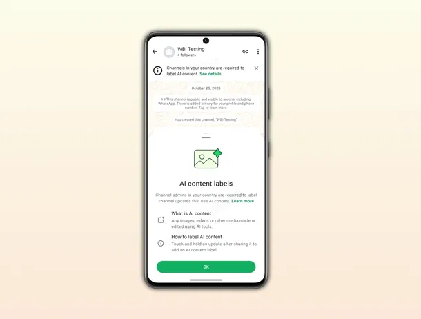 WhatsApp testează o etichetă pentru conținutul generat cu AI în canale