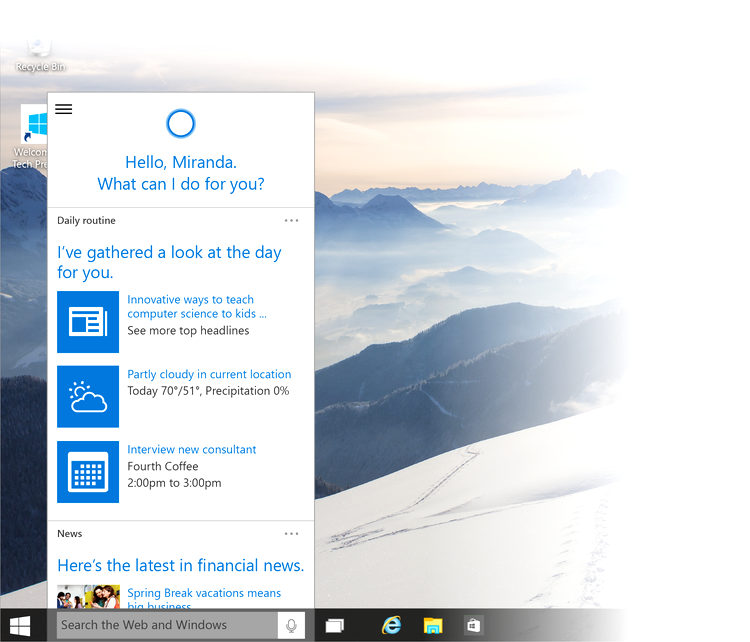 Windows 10, cu integrare Cortana