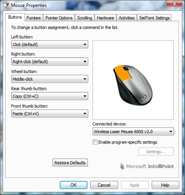 Aplicaţia de configurare a mouse-ului