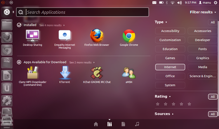 Interfaţa Ubuntu Linux pentru PC este foarte asemănătoare versiunii pentru telefoane Android