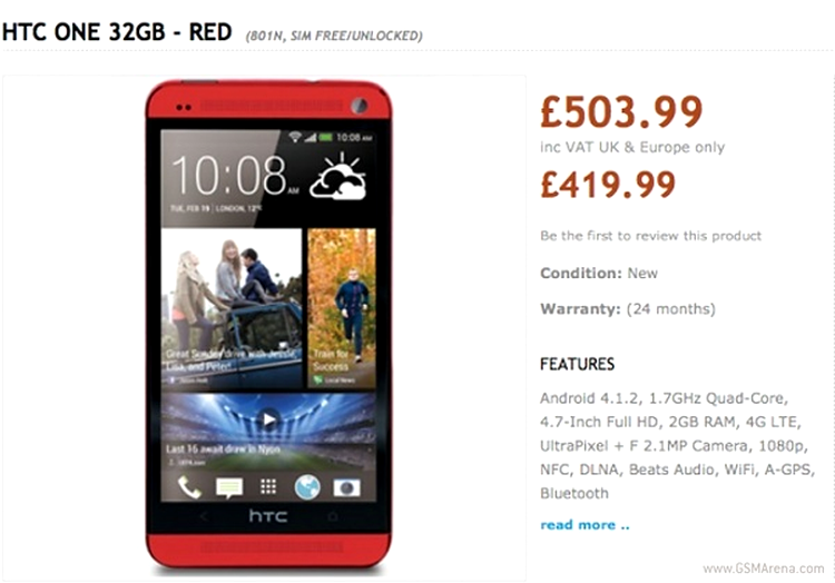 HTC One în variante de culoare roşie, observat în oferta unui magazin din Marea Britanie