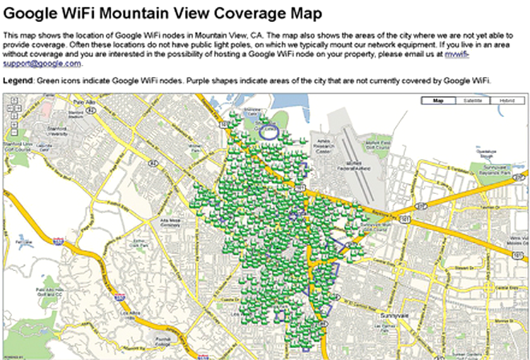 Infrastructura hotspot-urilor montate de Google si Earthlink in orasul american Mountain View. 