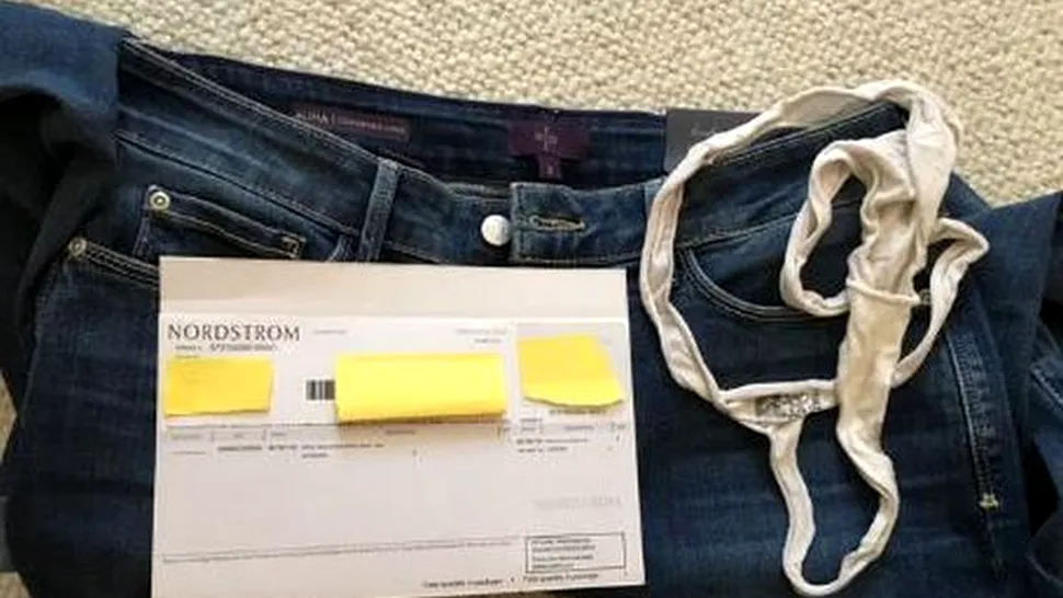 O femeie a găsit o pereche de chiloţi murdari într-o pereche de jeanşi comandaţi online