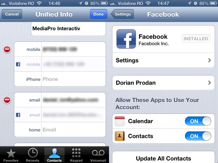 Detaliile integrate prin Facebook în agendă şi punctul central de control