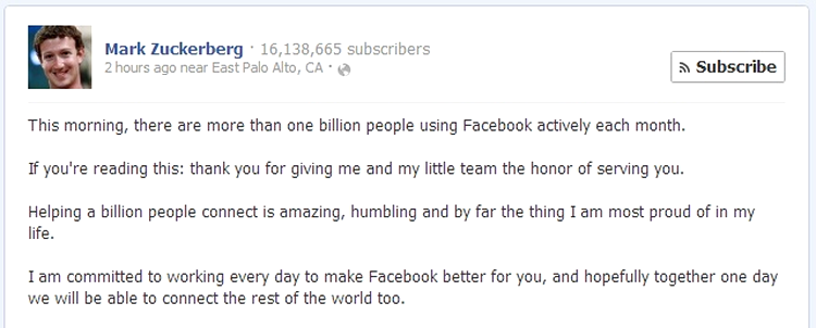 Facebook numără 1 miliard de utilizatori activi
