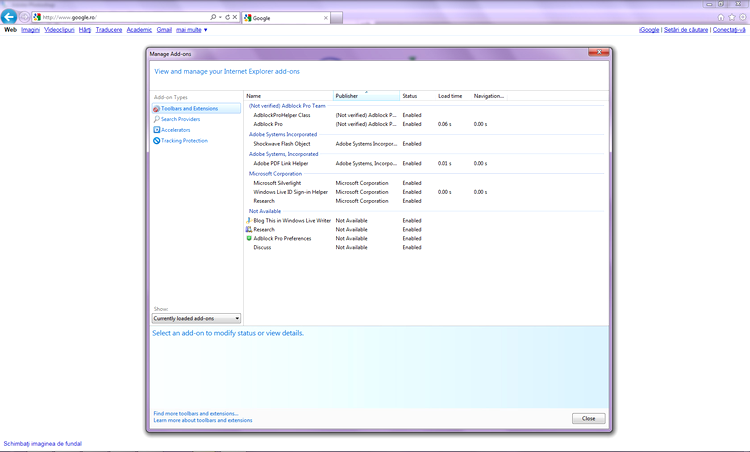 IE9 add-on manager
