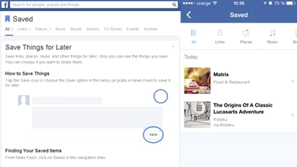 Facebook oferă posibilitatea de a salva articole cu noua funcţie Save
