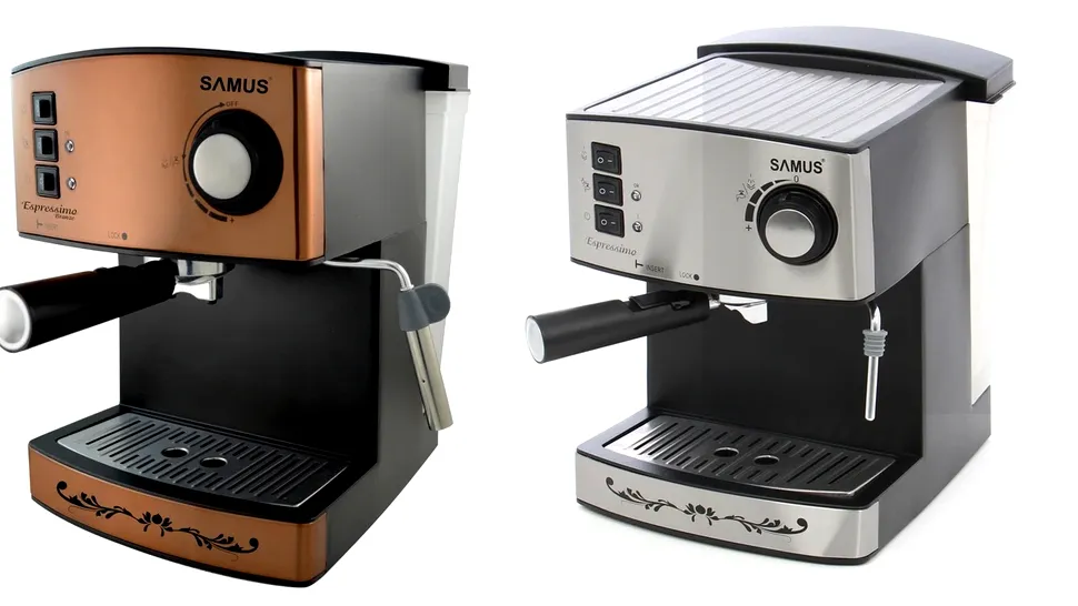 Espressor în două culori pentru cafea și alte băuturi calde, disponibil la un preț foarte accesibil în oferta Dedeman