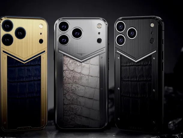 Caviar lansează accesorii magnetice de lux pentru iPhone 17 Pro Max. Un model include un fragment de fosilă T-Rex