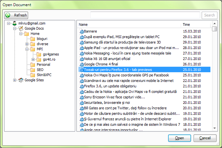 Deschiderea unui document salvat in Google Docs