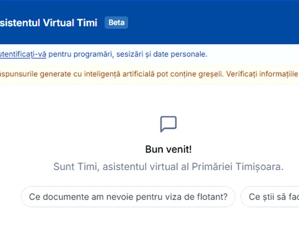 Timi, asistenta virtuală a Primăriei din Timișoara, a fost lansată: „E harnica din primărie care le știe pe toate”