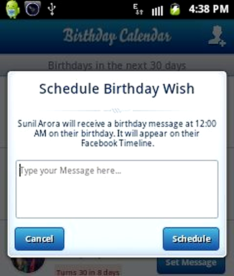Birthday Calendar App - programarea unui mesaj de felicitare