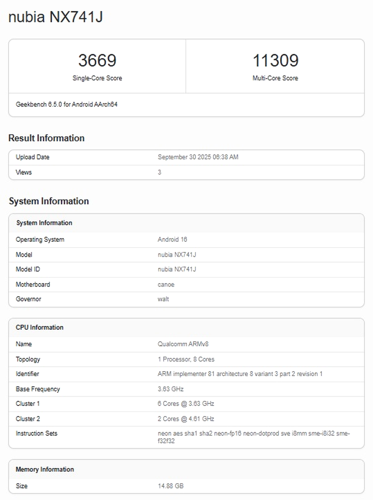 Nubia Z80 Ultra Geekbench listing