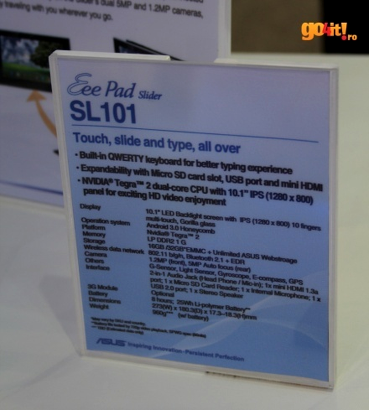 Asus Eee Pad Slider - specificaţiile de la Computex