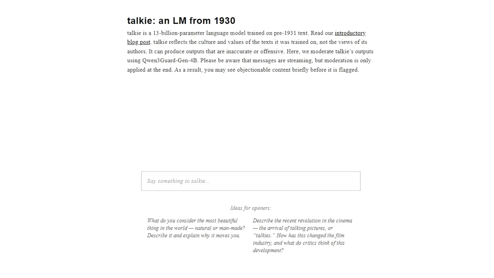 Talkie este un „LLM vintage” antrenat exclusiv pe texte din perioada anterioară anului 1931, un chatbot într-o capsulă a timpului