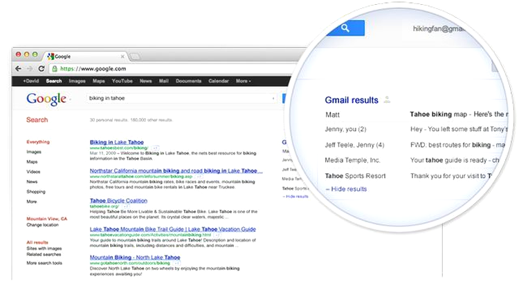 Rezultatele Gmail, afişate direct în pagina de căutări