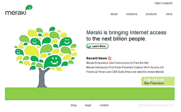 Site-ul companiei Meraki, fondata de niste studenti ai MIT cu scopul de a democratiza internetul pe principiul „ia conexiunea si da-o mai departe