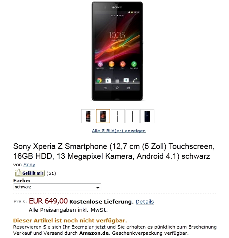 Sony Xperia Z - preţul în magazinele europene