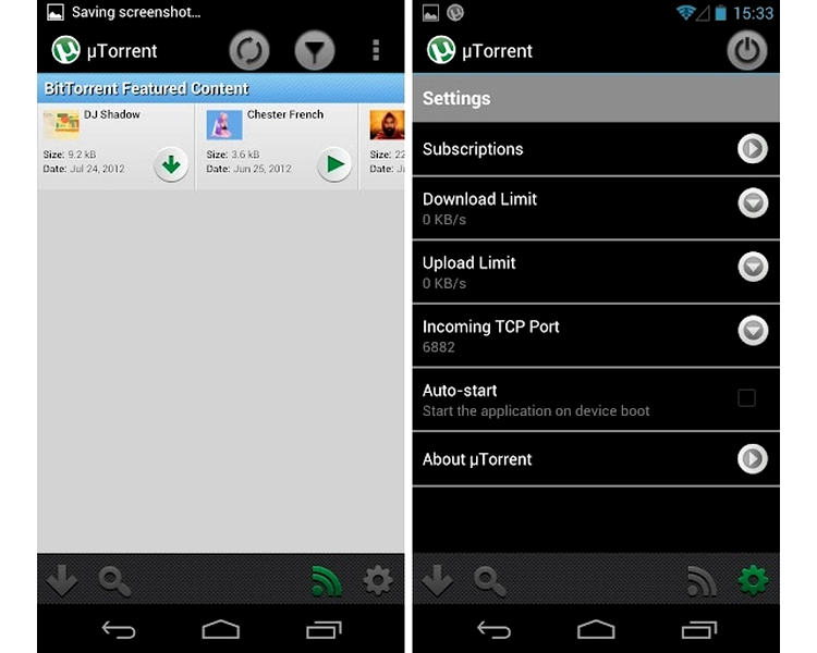 uTorrent beta - meniul settings şi lista Featured Content