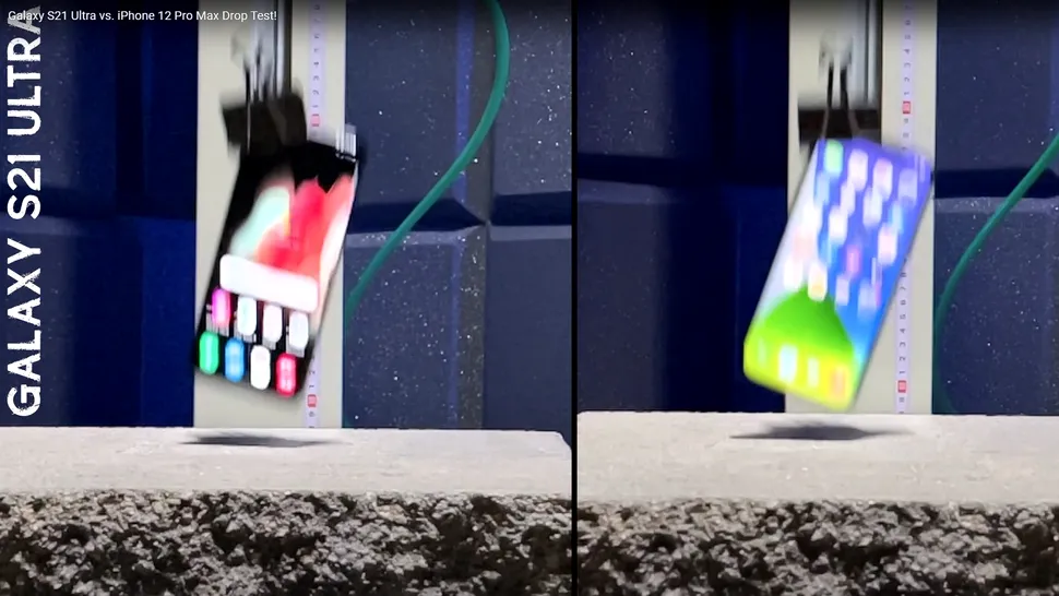 Drop Test Samsung Galaxy S21 Ultra vs Apple iPhone 12 Pro Max - care rezistă mai bine