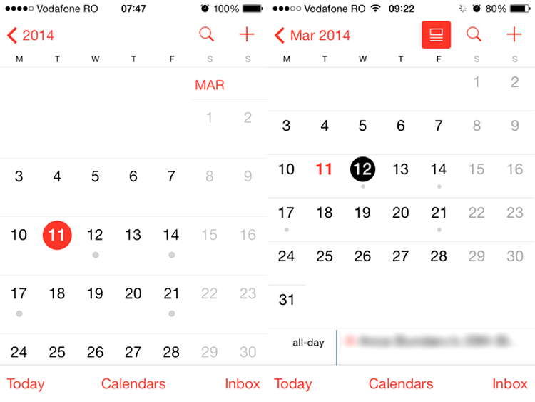 iOS 7.0 (stânga) şi iOS 7.1 (dreapta): List View s-a întors