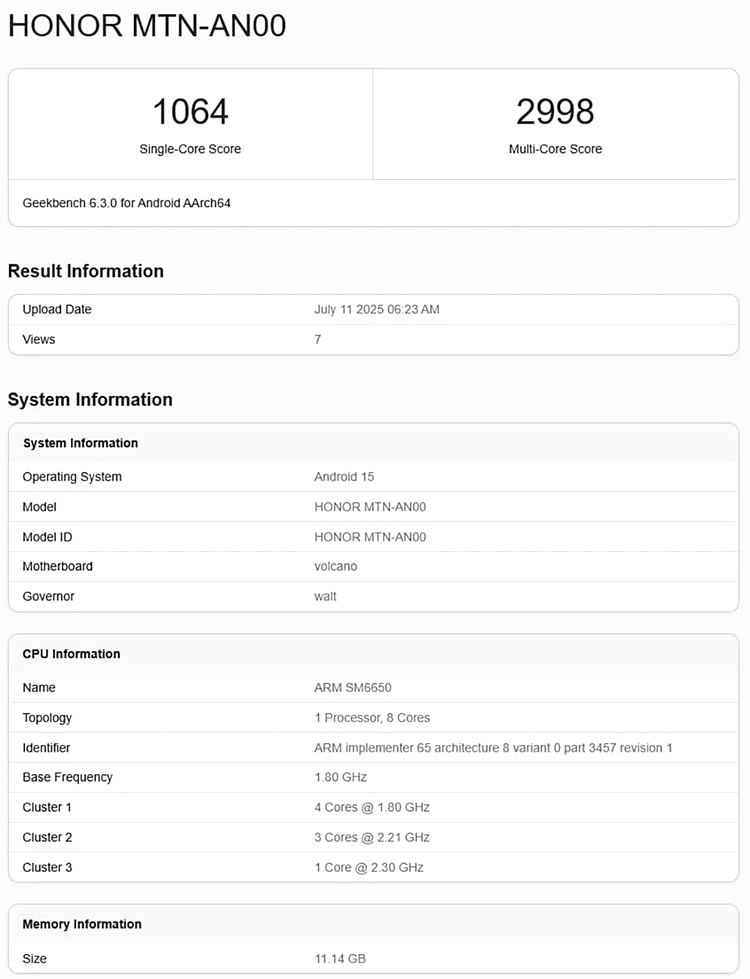 Honor X70 Geekbench