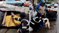 Căsuță mobilă pentru el și cățelușa lui, Veta: Un bărbat al străzii și-a construit un adăpost din cartoane, care îi apără de gerul cumplit. Trăiește de 30 de ani o viață nomadă în Capitală și refuză ajutorul statului (VIDEO)