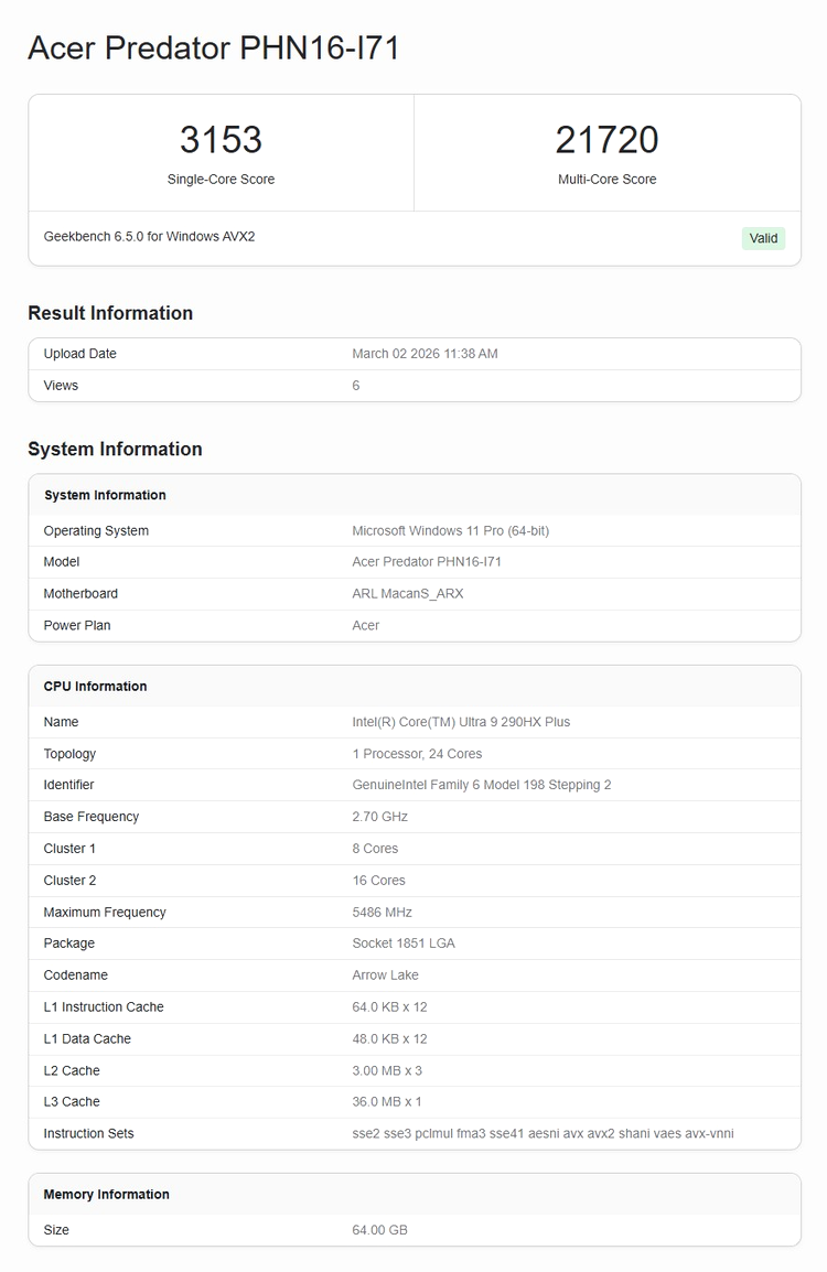 Intel Core Ultra 9 290HX Plus