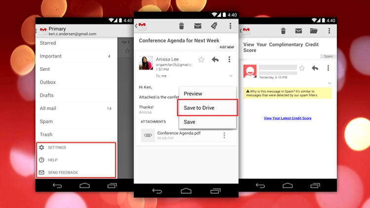 Integrare Google Drive şi ale îmbunătăţiri aduse aplicaţiei Gmail pentru dispozitive cu Android