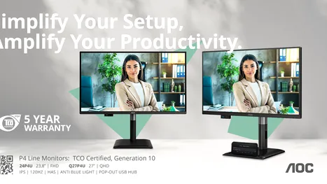 Gama de monitoare P4: soluții profesionale cu 5 ani de garanție, refresh de 120 Hz și hub-uri USB de tip “pop-out”