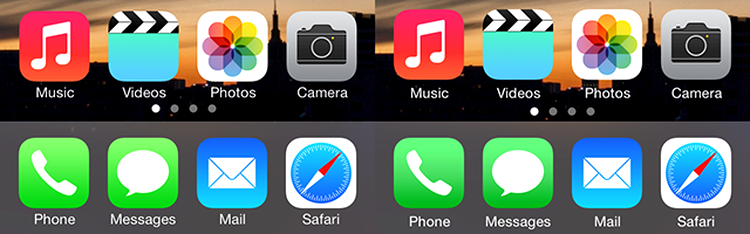 iOS 7.0 (stânga) şi iOS 7.1 (dreapta): culori mai sobre