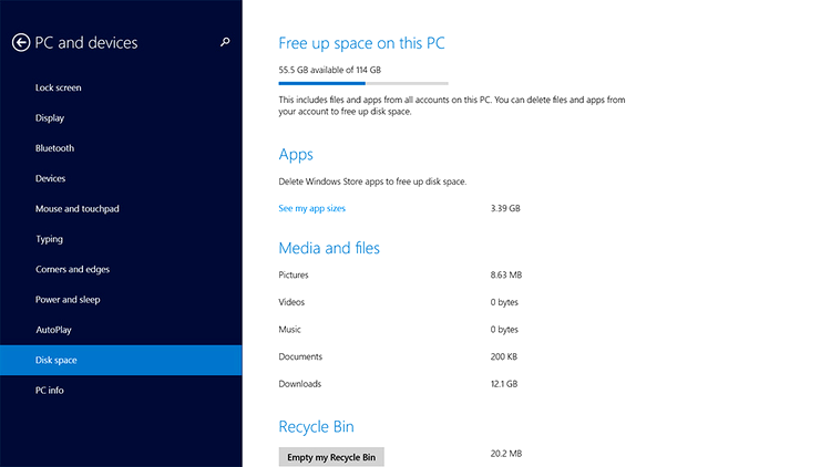 Windows 8.1 Update 1 - noua secţiune Disk space