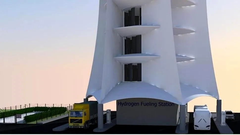 Această turbină eoliană produce electricitate, hidrogen și încarcă vehicule electrice