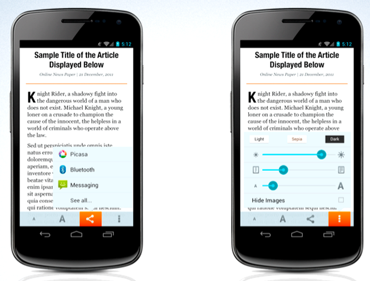 Firefox Mobile - modul Reading şi funcţia Share