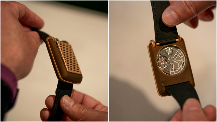 colaj cu imagini cu un ceas elevetian de lux hautlence retrovision 64 inspirat de comunicatorul din serialul star trek original