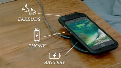 AmpPack este un dispozitiv 3-în-1 pentru iPhone care include: carcasă, acumulator extern şi căşti wireless
