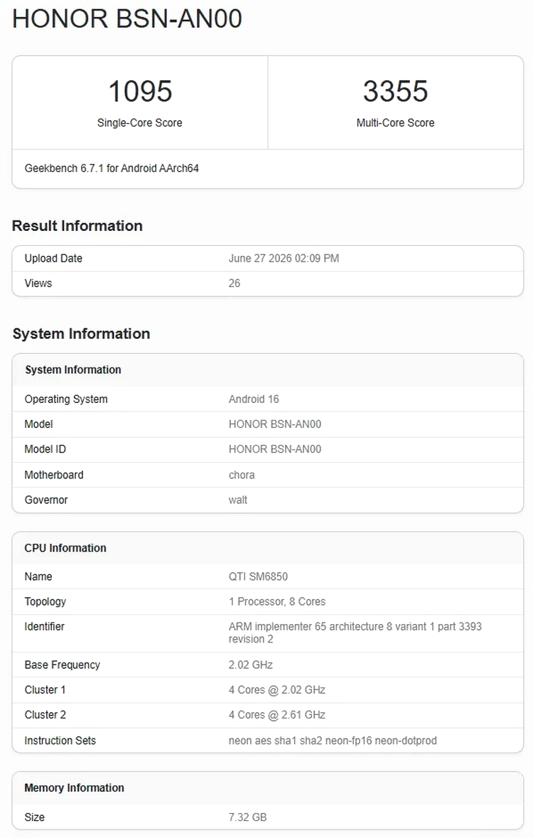 Honor X80 Pro Max Geekbench Snapdragon 6 Gen 5