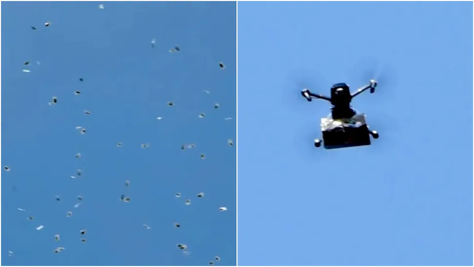 O dronă a „bombardat” o piață aglomerată cu sute de pachete. Conținutul acestora, neașteptat