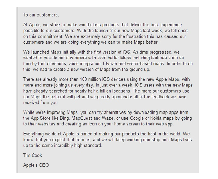 CEO-ul Apple, Tim Cook, admite eşecul înregistrat cu iOS 6 Maps
