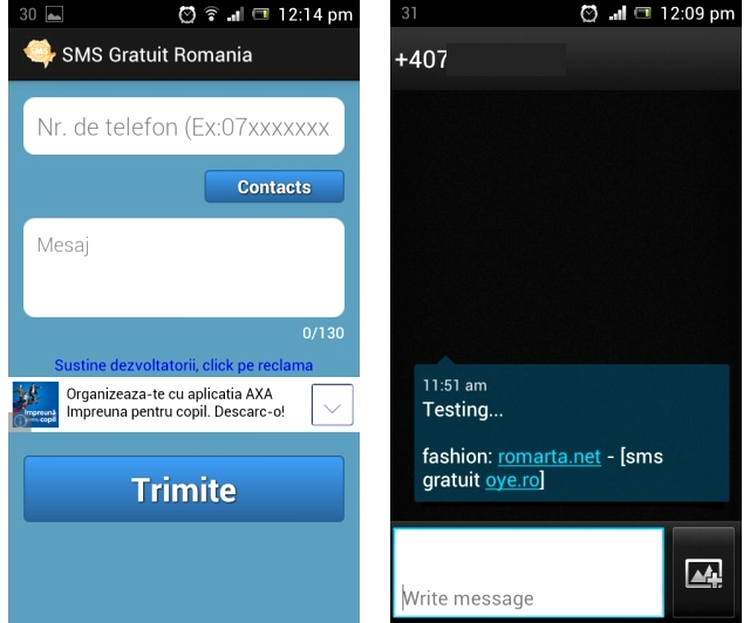 Aplicaţia SMS Gratuit Romania - interfaţa şi un test