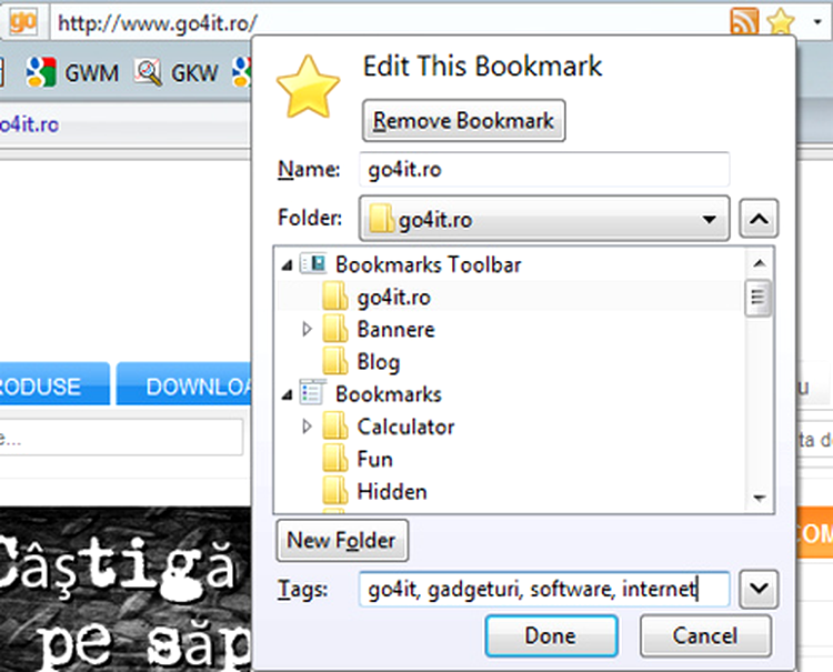 Firefox - atribuirea tag-urilor pentru site-urile care le salvezi la bookmarks