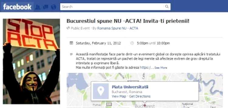 Eveniment Facebook, împotriva ACTA